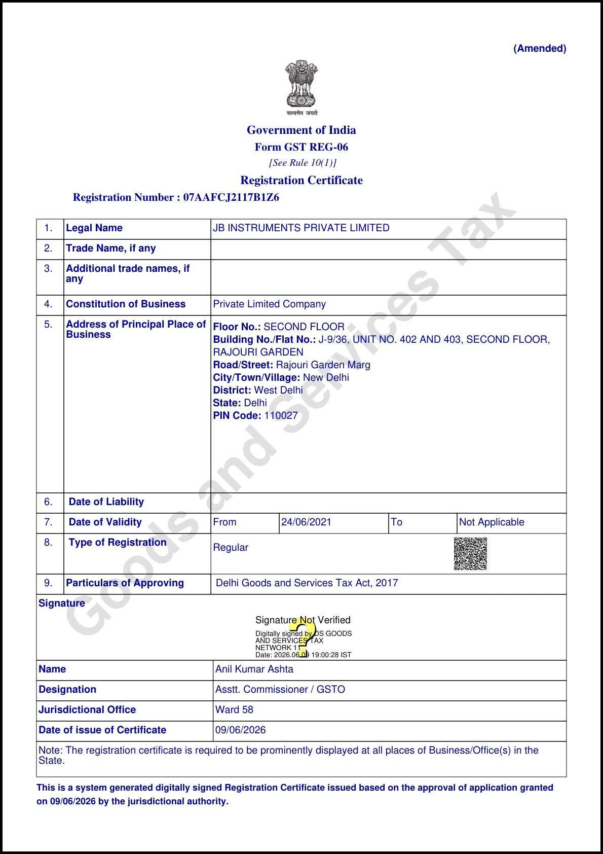 GST Registration Certificate